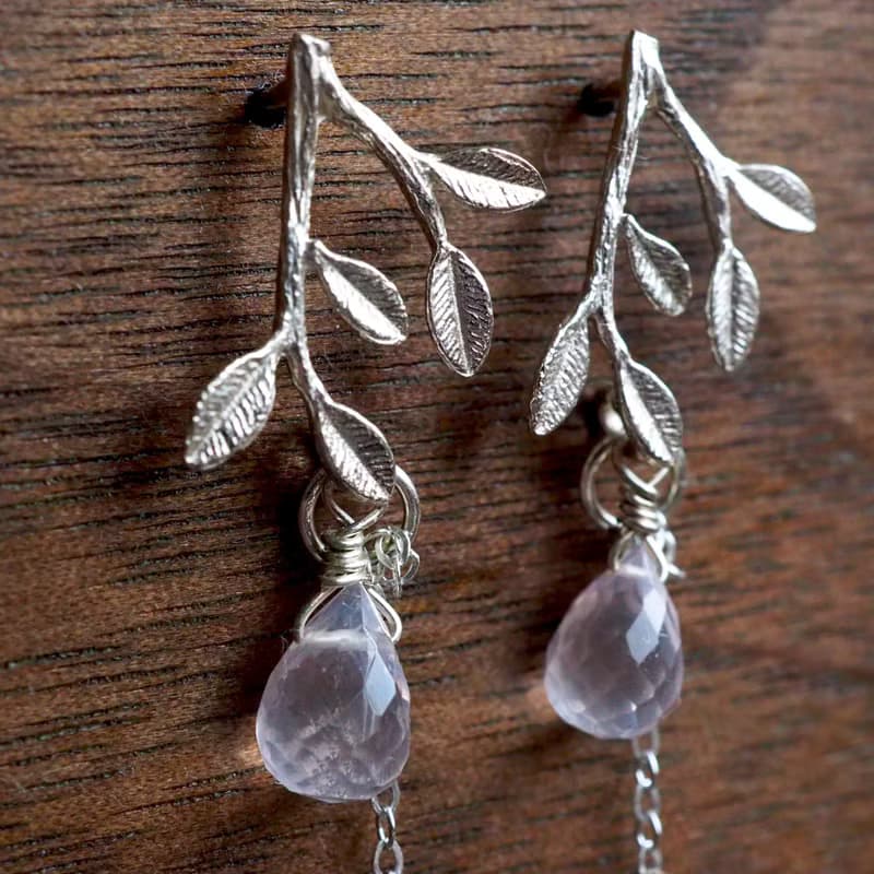 櫻茶 | 粉水晶純銀樹葉耳環