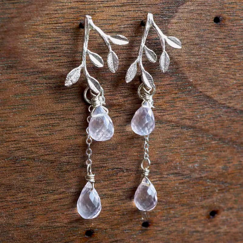 櫻茶 | 粉水晶純銀樹葉耳環