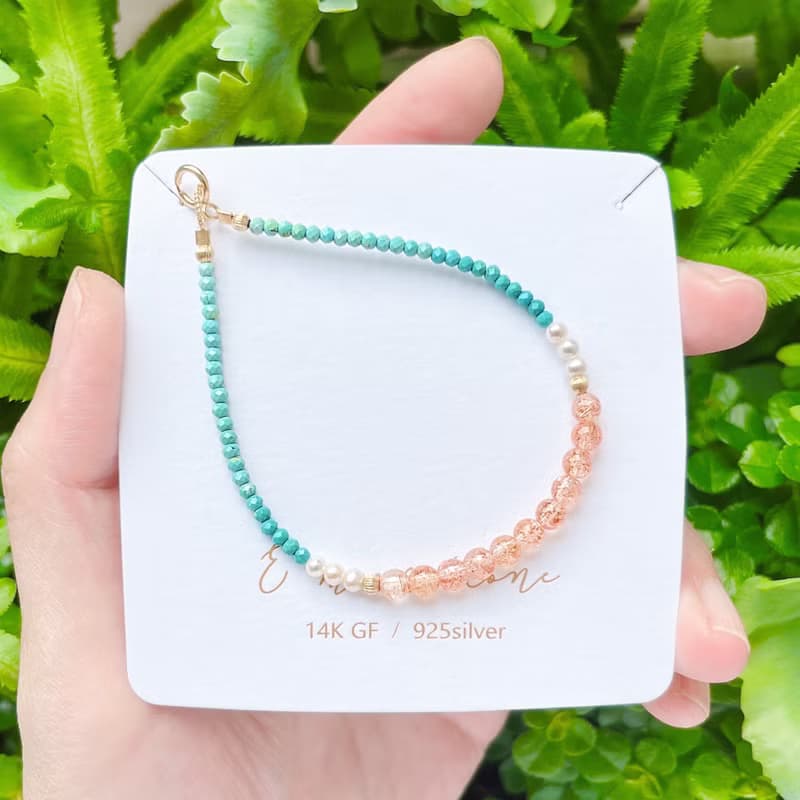 亞利桑那鑽切閃閃藍綠松石&太陽石手鍊