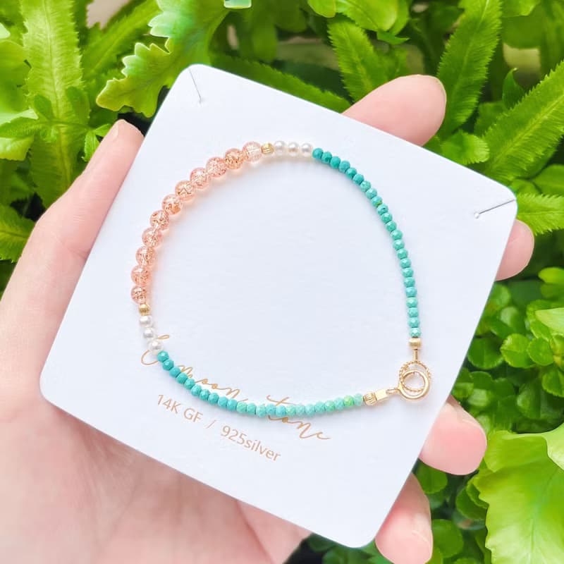 亞利桑那鑽切閃閃藍綠松石&太陽石手鍊