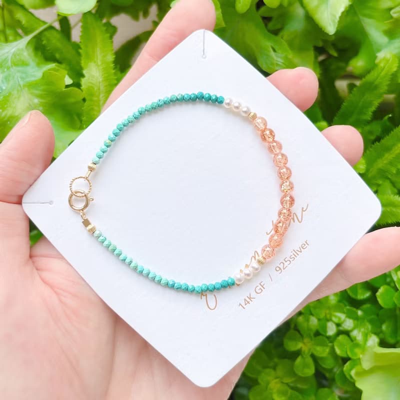 亞利桑那鑽切閃閃藍綠松石&太陽石手鍊