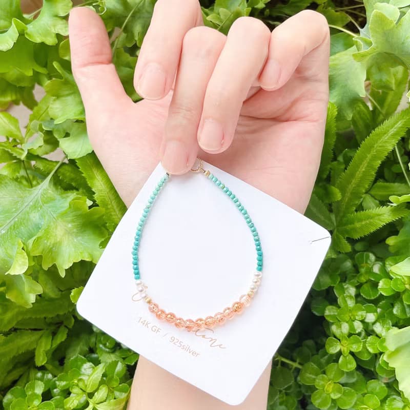 亞利桑那鑽切閃閃藍綠松石&太陽石手鍊