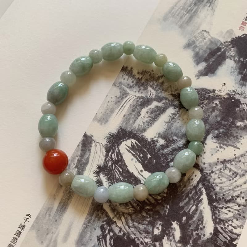 迢迢山水。天然緬甸翡翠手鏈南紅 翡翠桶珠手環 平安文藝玉石古典