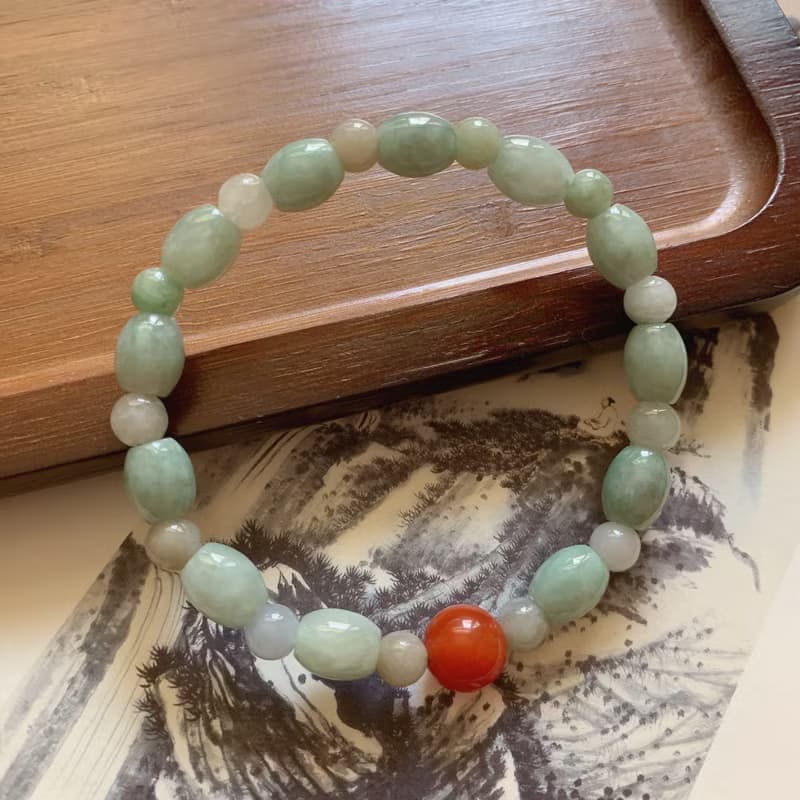 迢迢山水。天然緬甸翡翠手鏈南紅 翡翠桶珠手環 平安文藝玉石古典