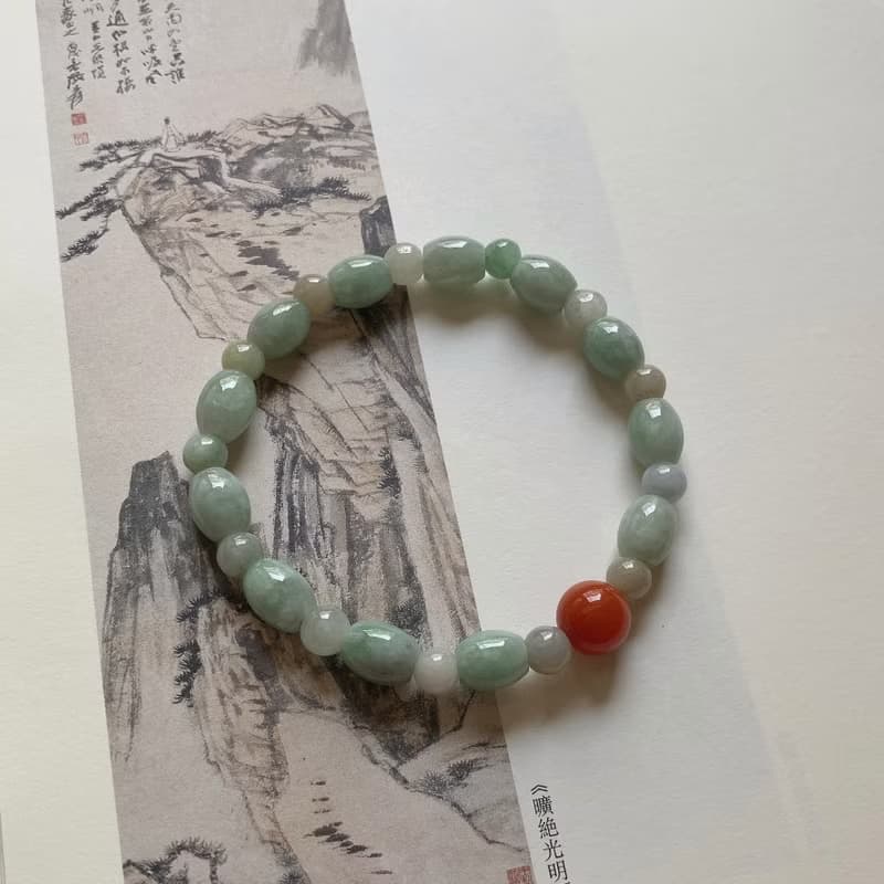 迢迢山水。天然緬甸翡翠手鏈南紅 翡翠桶珠手環 平安文藝玉石古典