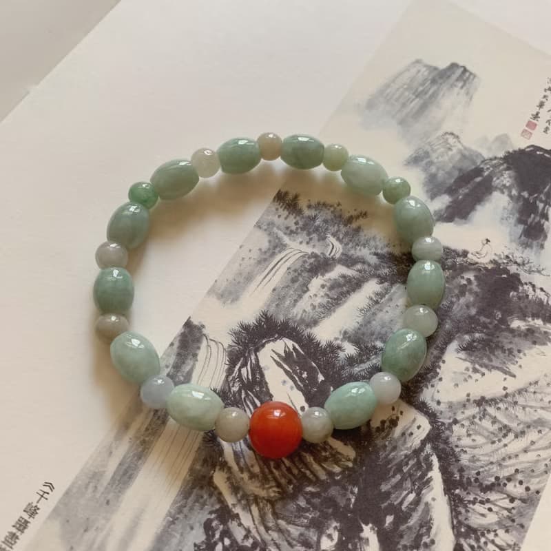 迢迢山水。天然緬甸翡翠手鏈南紅 翡翠桶珠手環 平安文藝玉石古典