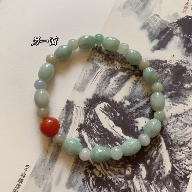 迢迢山水。天然緬甸翡翠手鏈南紅 翡翠桶珠手環 平安文藝玉石古典