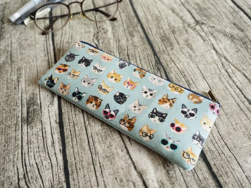 手工製作粉藍百變貓貓圖案 筆袋 眼鏡袋 餐具袋