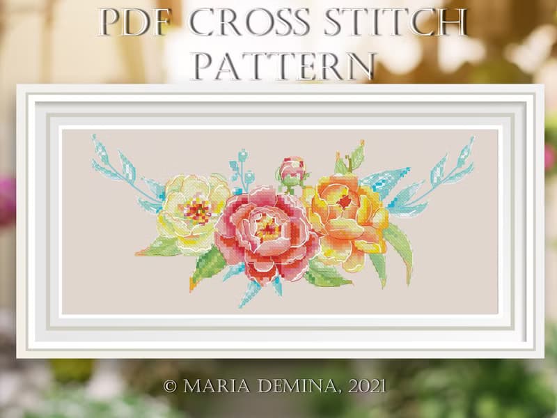 【數位】Summer Sunrise Watercolor Bouquet PDF cross stitch pattern