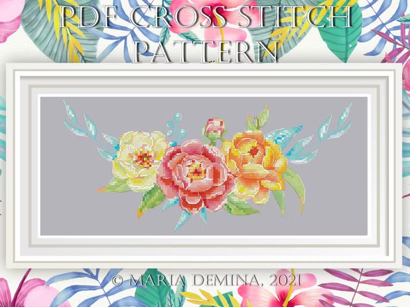 【數位】Summer Sunrise Watercolor Bouquet PDF cross stitch pattern