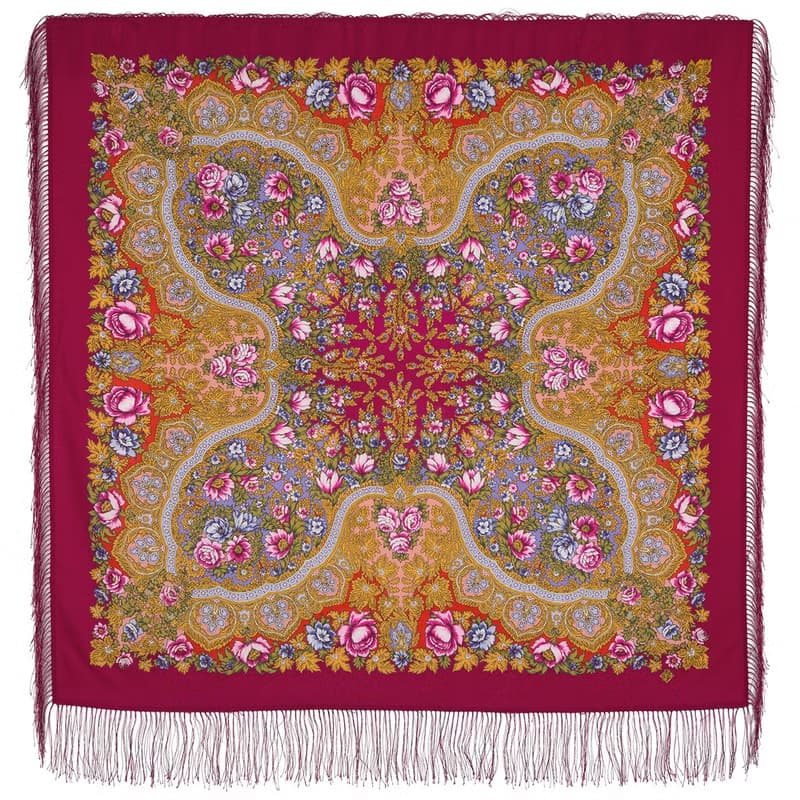 Original Pavlovo Posad Russian Shawl 100% Wool Woolen Scarf 110x110 1626-7 Red