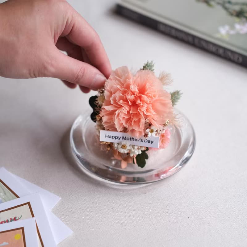 母親節康乃馨永生花/乾燥花玻璃盅/哈密瓜橘粉/母親節禮物/卡片