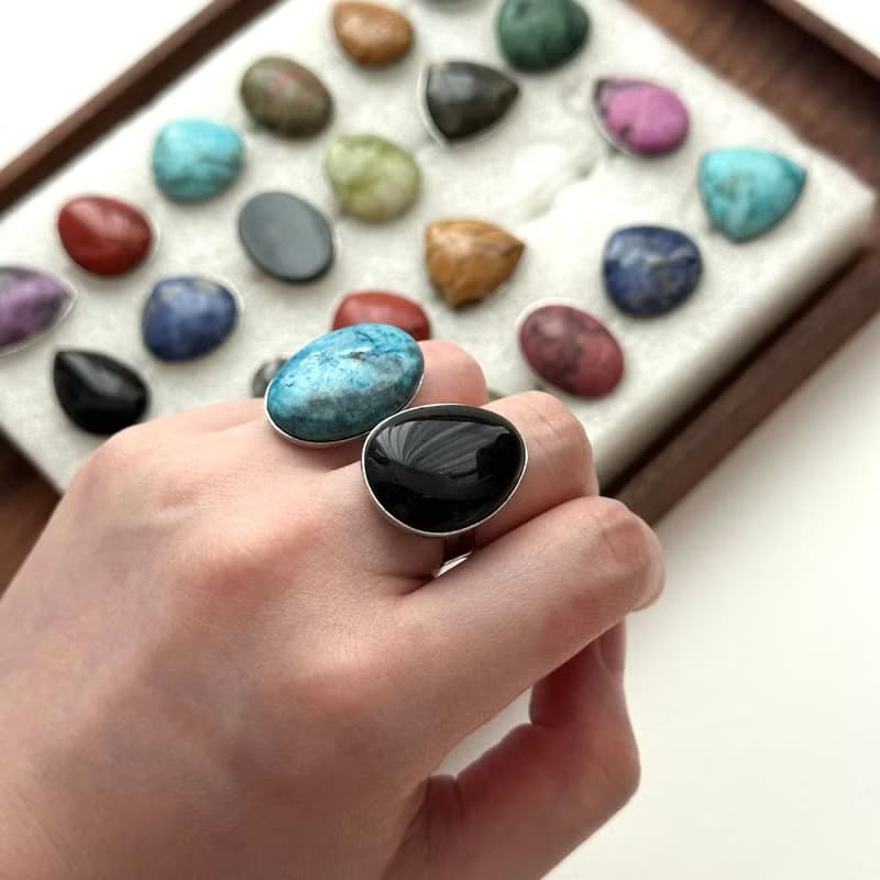 【復古寶石戒】黑瑪瑙 藍 綠東陵 紫水晶 粉晶 大理石 介指戒指