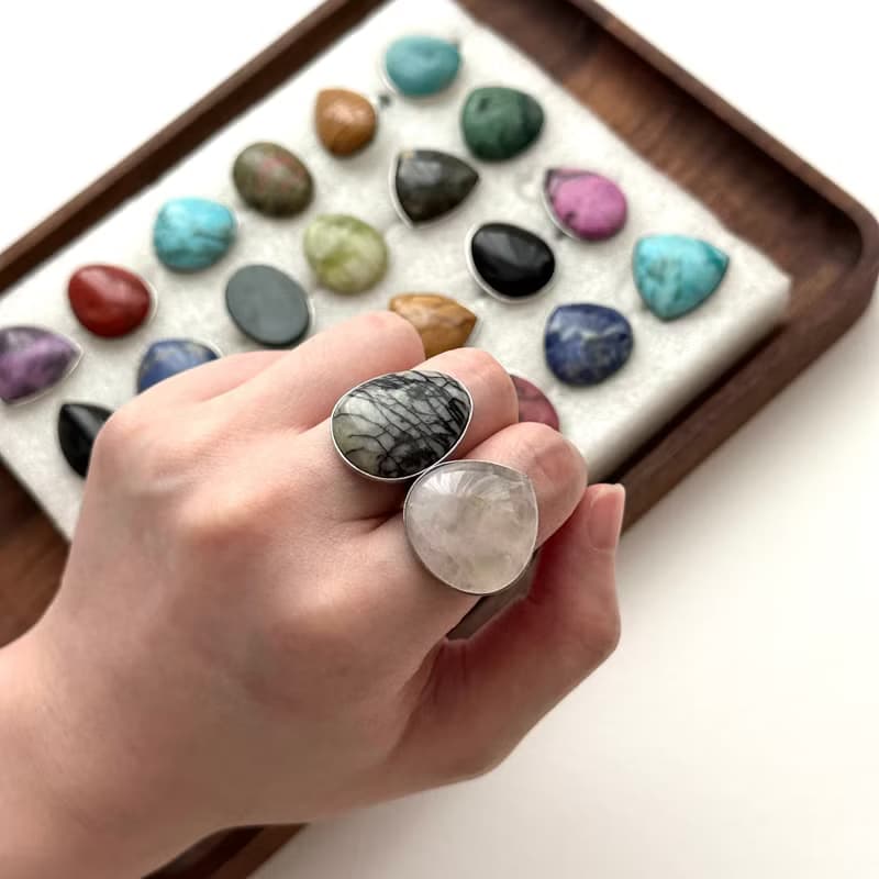 【復古寶石戒】黑瑪瑙 藍 綠東陵 紫水晶 粉晶 大理石 介指戒指