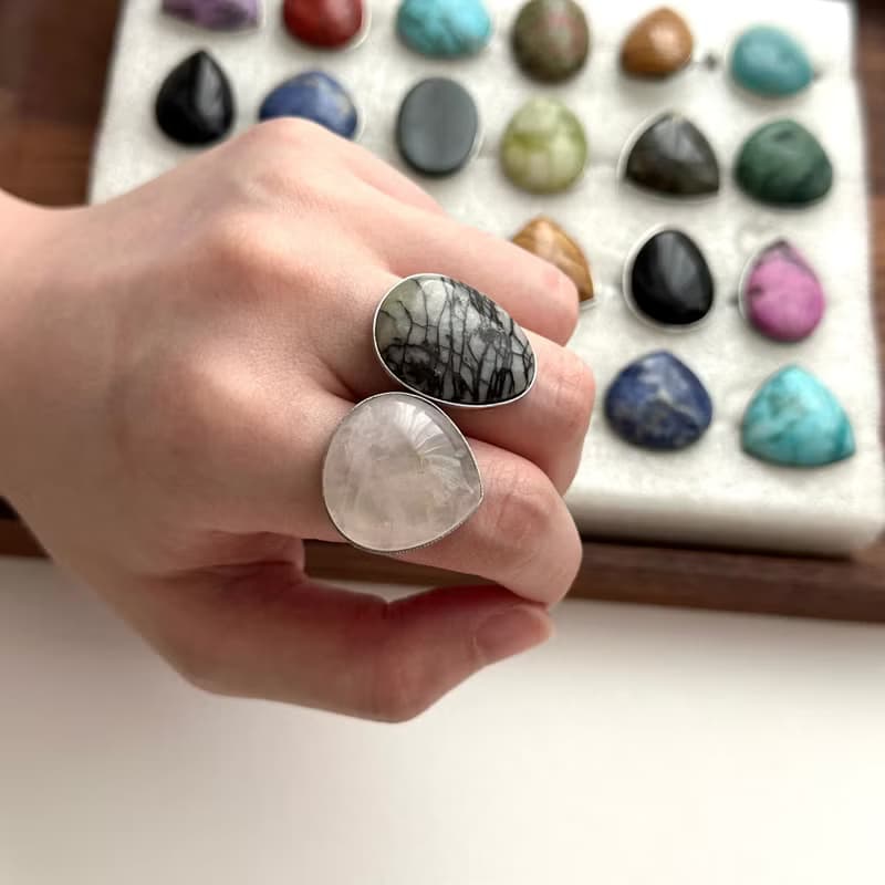 【復古寶石戒】黑瑪瑙 藍 綠東陵 紫水晶 粉晶 大理石 介指戒指