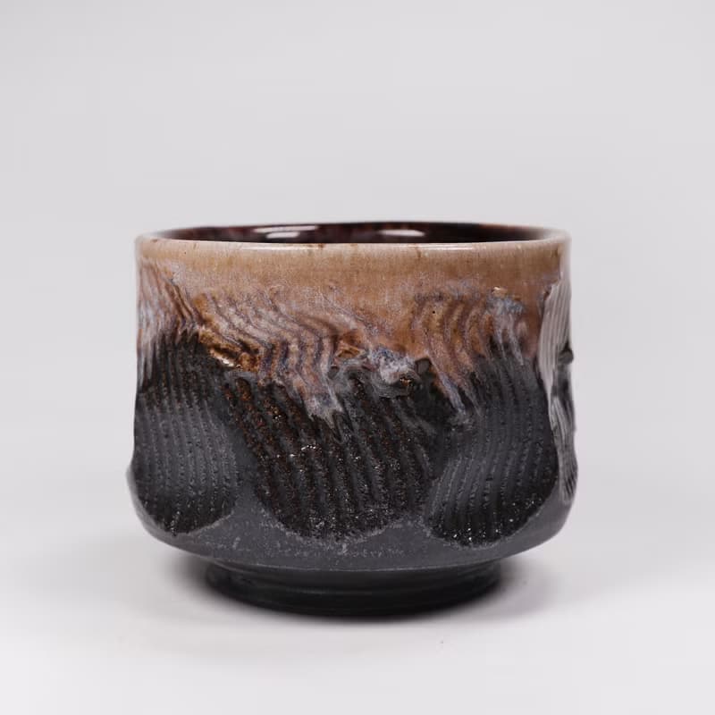 明芽窯 l 雙掛古銅白萩釉刻紋茶碗 陶器 陶藝品 茶具 H6