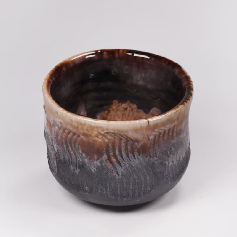 明芽窯 l 雙掛古銅白萩釉刻紋茶碗 陶器 陶藝品 茶具 H6