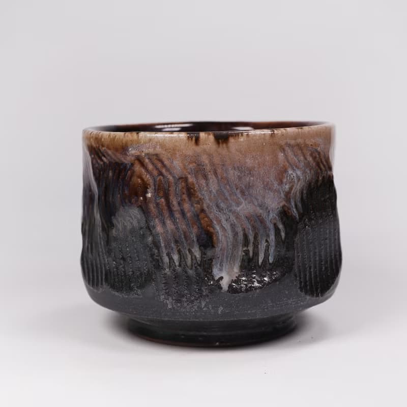 明芽窯 l 雙掛古銅白萩釉刻紋茶碗 陶器 陶藝品 茶具 H6
