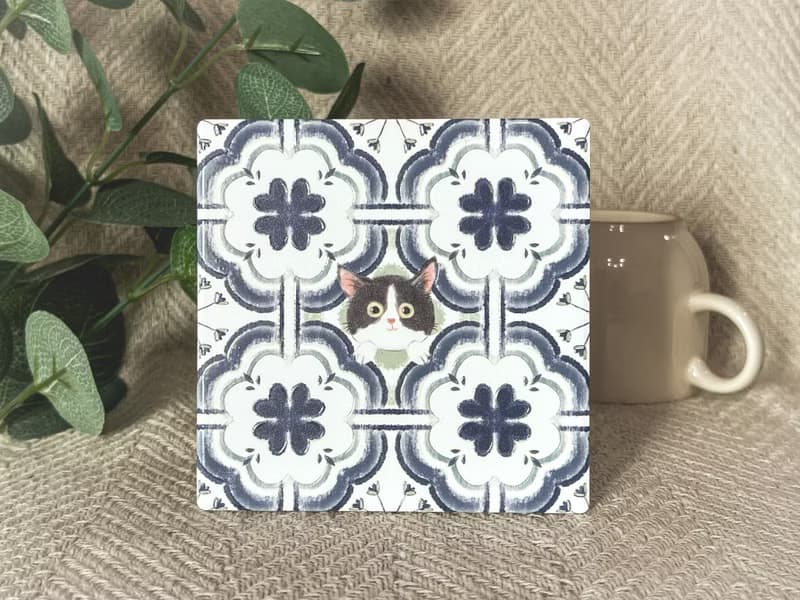 花磚躲貓貓杯墊 賓士貓 | 婚禮小物 陶瓷 立體花紋