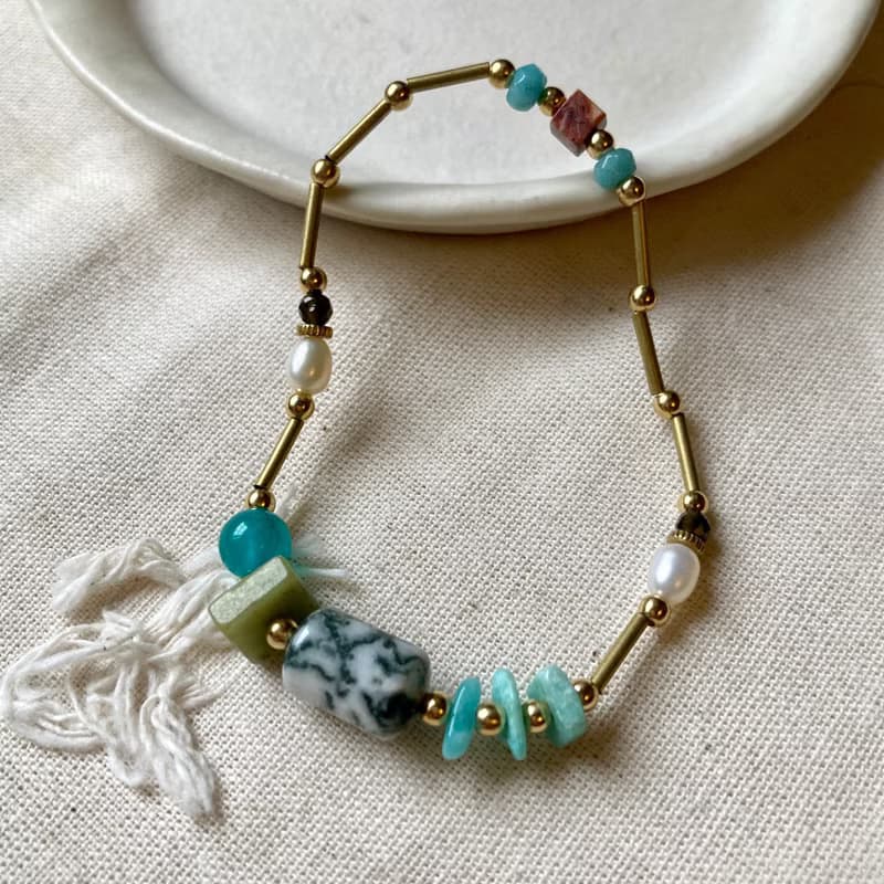 老林雜貨 | 天然石黃銅手鍊 綠點石/天河石/橄欖石