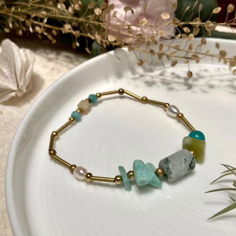 老林雜貨 | 天然石黃銅手鍊 綠點石/天河石/橄欖石