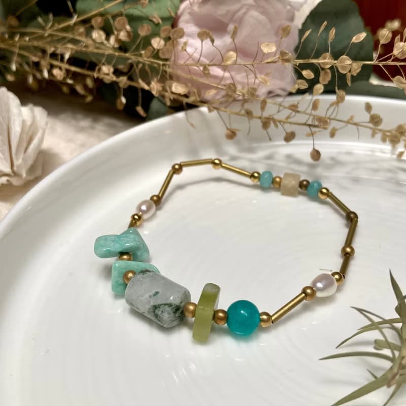 老林雜貨 | 天然石黃銅手鍊 綠點石/天河石/橄欖石