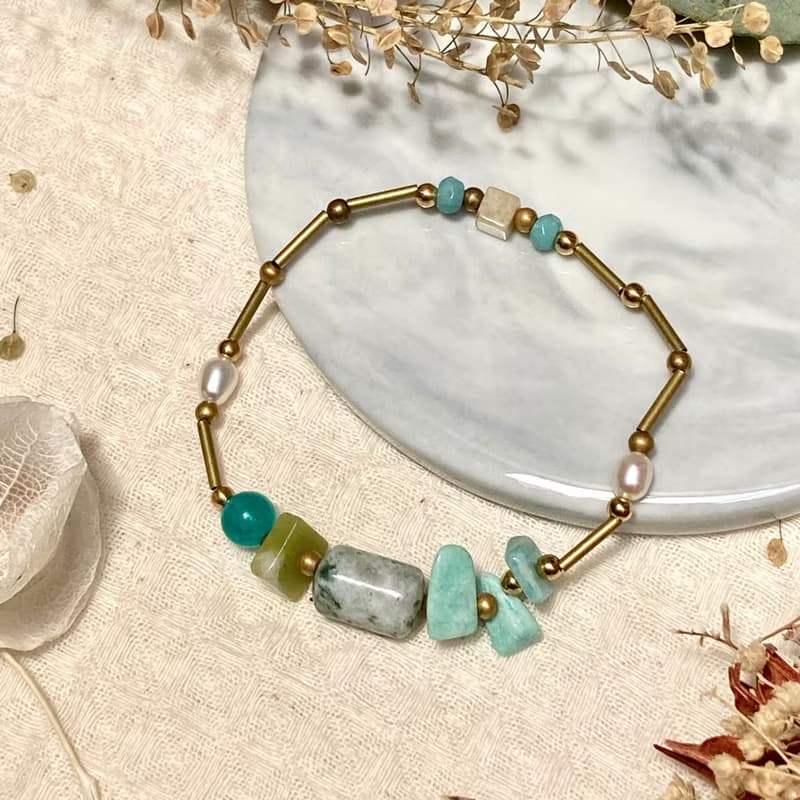 老林雜貨 | 天然石黃銅手鍊 綠點石/天河石/橄欖石