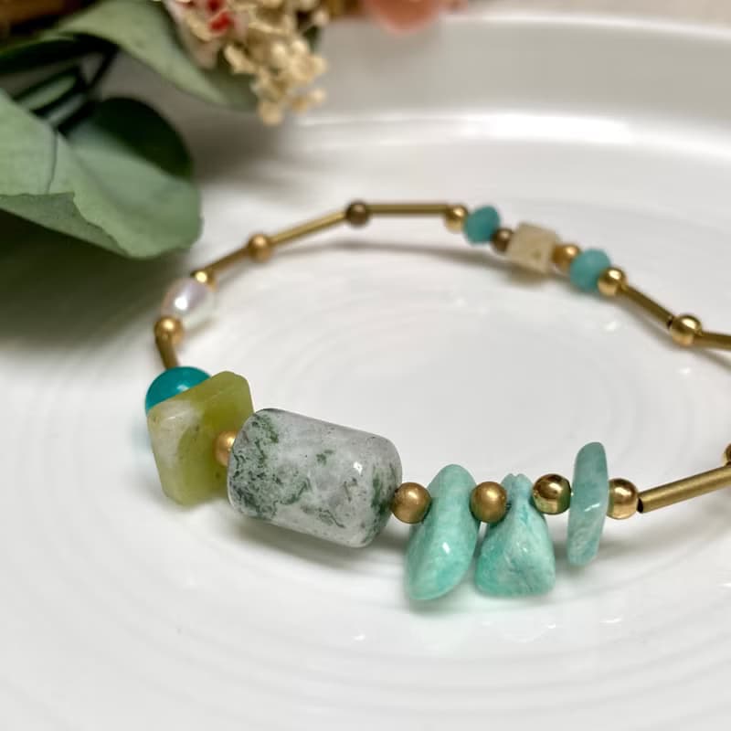 老林雜貨 | 天然石黃銅手鍊 綠點石/天河石/橄欖石