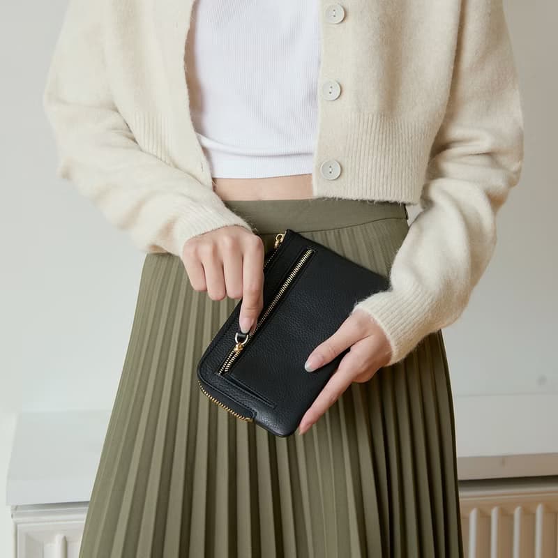 Doona (Black): Long wallet, zip wallet, soft cow leather, Slim,Compact