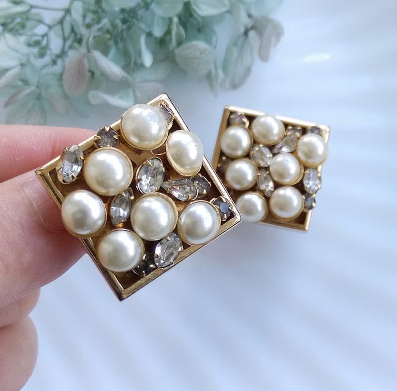 Vintage Jewelry 西洋古董飾品 個性 方寸珠鑽 夾式耳環