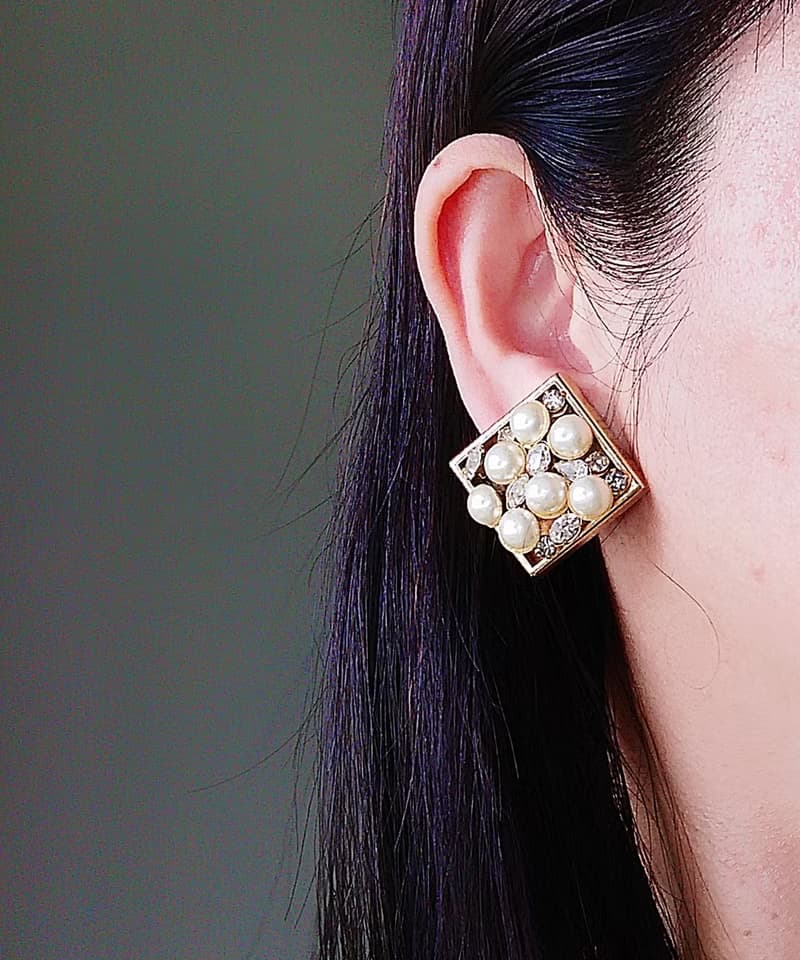 Vintage Jewelry 西洋古董飾品 個性 方寸珠鑽 夾式耳環