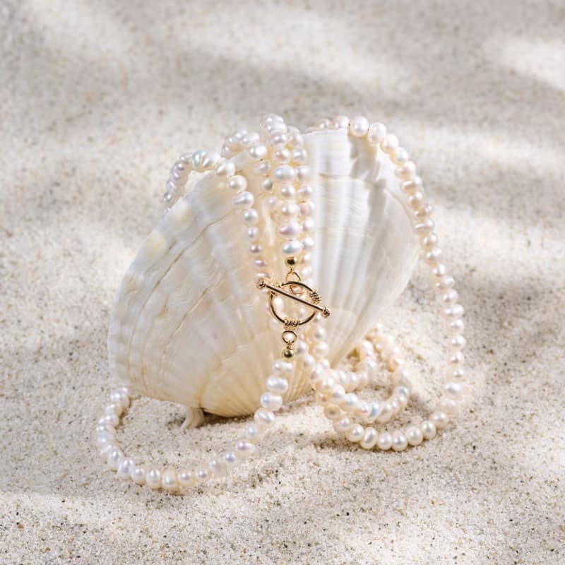 天然白色淡水珍珠長項鍊 5–6mm 金色OT扣 優雅知性 紀念日禮物