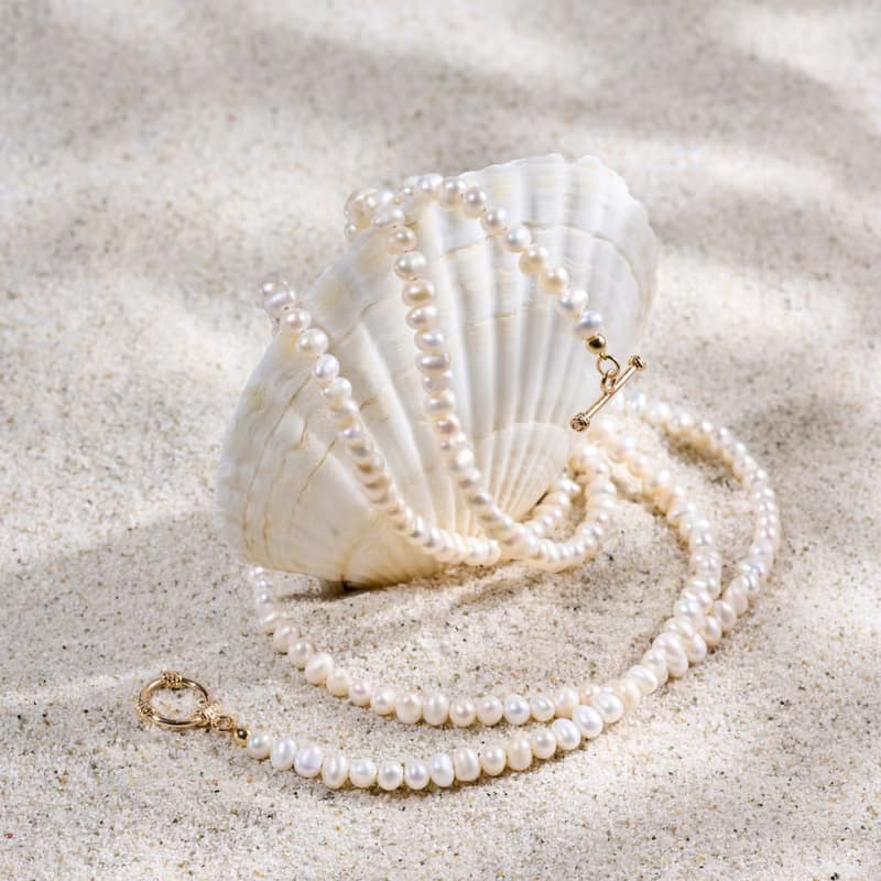 天然白色淡水珍珠長項鍊 5–6mm 金色OT扣 優雅知性 紀念日禮物