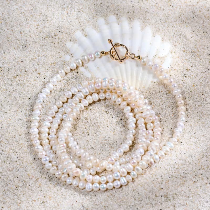 天然白色淡水珍珠長項鍊 5–6mm 金色OT扣 優雅知性 紀念日禮物