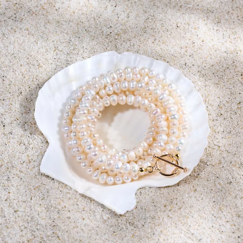 天然白色淡水珍珠長項鍊 5–6mm 金色OT扣 優雅知性 紀念日禮物