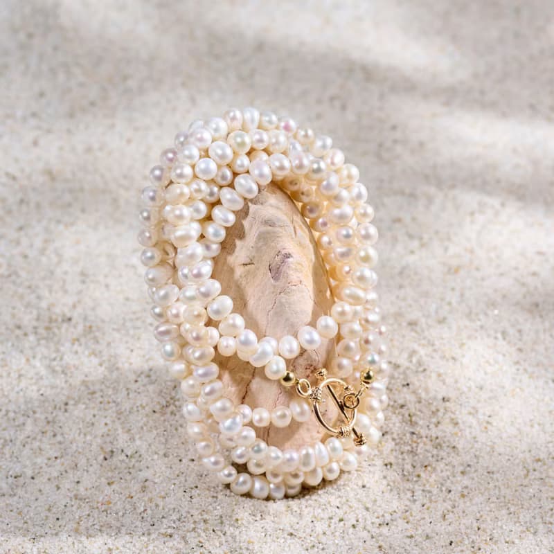 天然白色淡水珍珠長項鍊 5–6mm 金色OT扣 優雅知性 紀念日禮物