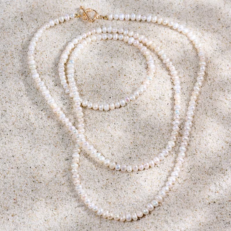 天然白色淡水珍珠長項鍊 5–6mm 金色OT扣 優雅知性 紀念日禮物