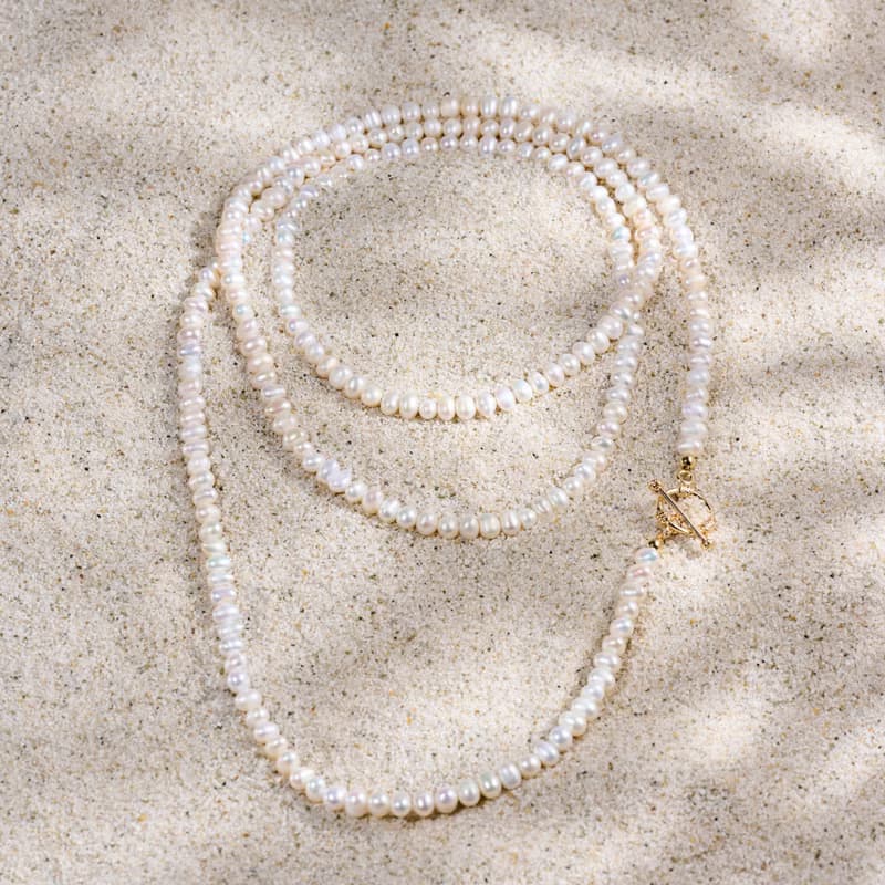 天然白色淡水珍珠長項鍊 5–6mm 金色OT扣 優雅知性 紀念日禮物