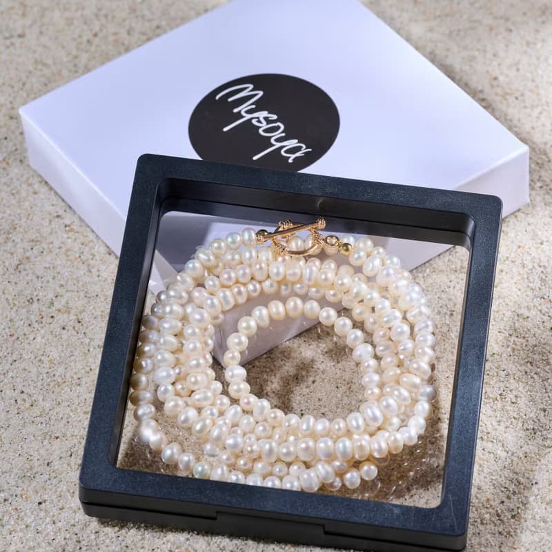 天然白色淡水珍珠長項鍊 5–6mm 金色OT扣 優雅知性 紀念日禮物