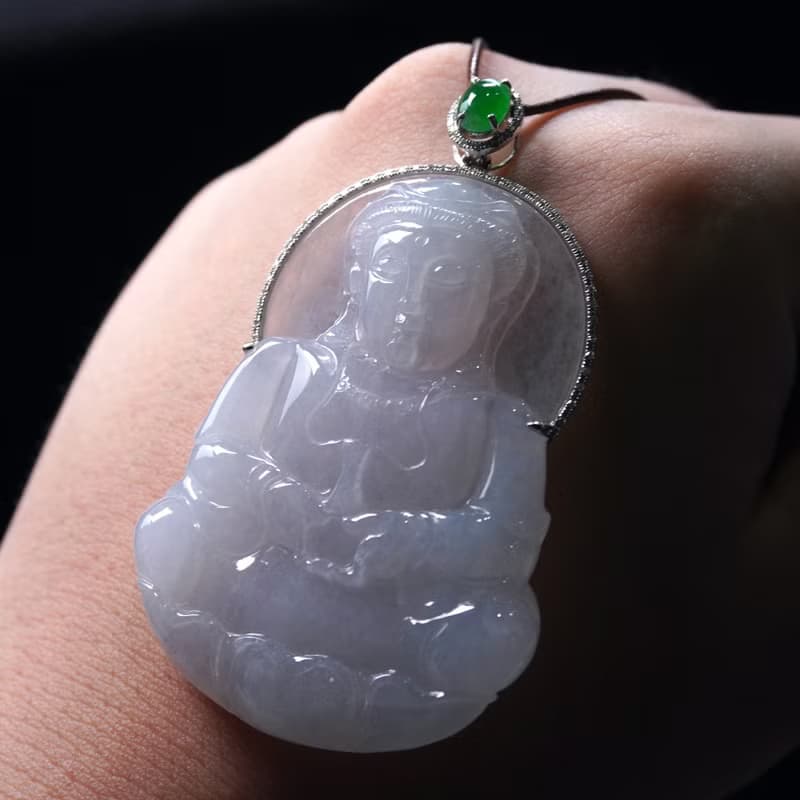 冰種翡翠觀音菩薩項鍊 18K金鑽石鑲嵌 | 天然緬甸玉翡翠A貨 |送禮