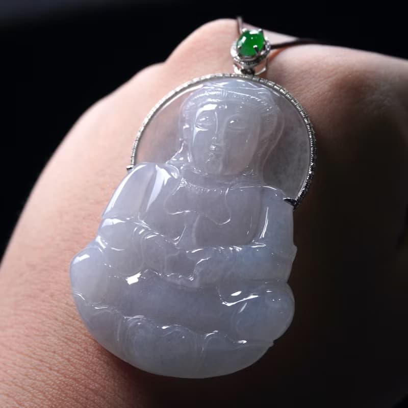 冰種翡翠觀音菩薩項鍊 18K金鑽石鑲嵌 | 天然緬甸玉翡翠A貨 |送禮