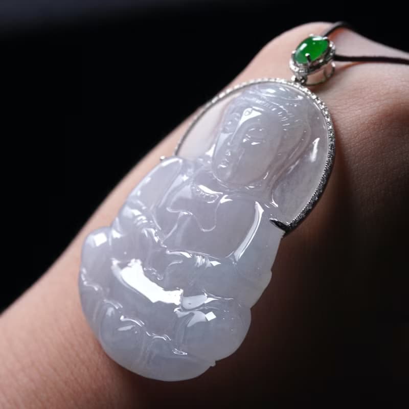 冰種翡翠觀音菩薩項鍊 18K金鑽石鑲嵌 | 天然緬甸玉翡翠A貨 |送禮