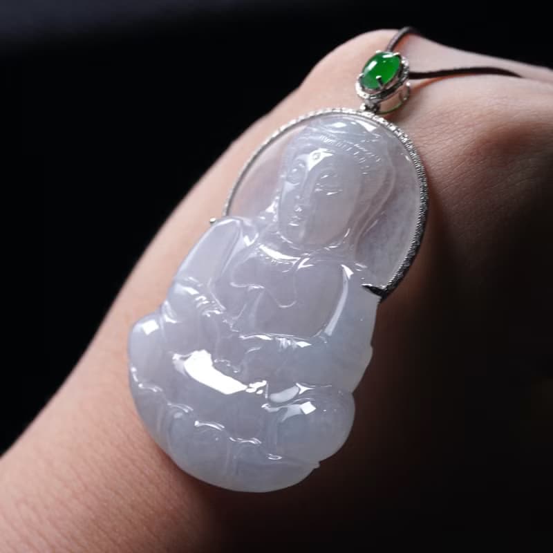 冰種翡翠觀音菩薩項鍊 18K金鑽石鑲嵌 | 天然緬甸玉翡翠A貨 |送禮
