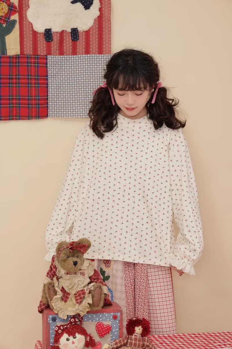 復古少女 紅色碎花針織提花打底衫