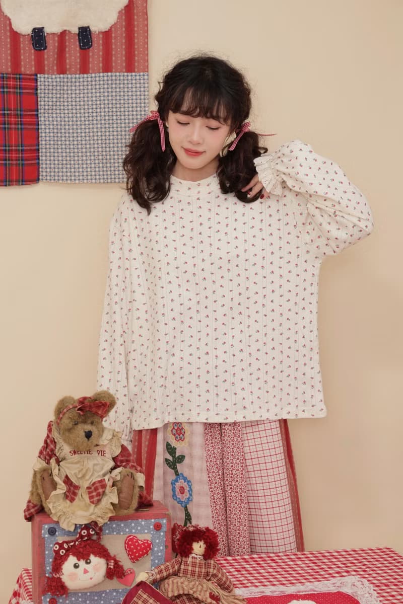 復古少女 紅色碎花針織提花打底衫
