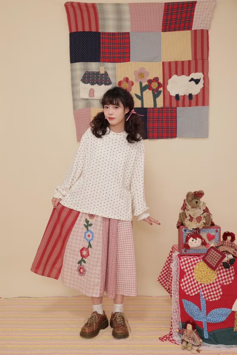 復古少女 紅色碎花針織提花打底衫