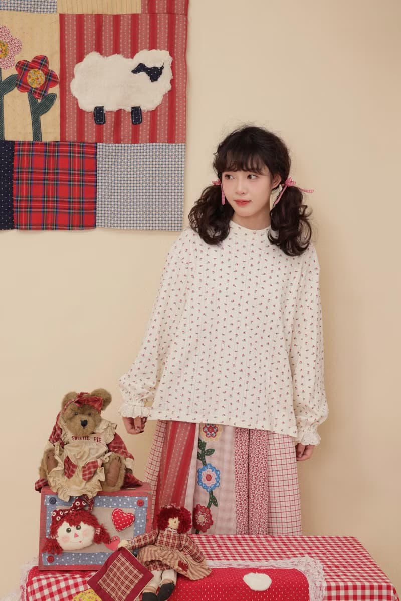 復古少女 紅色碎花針織提花打底衫