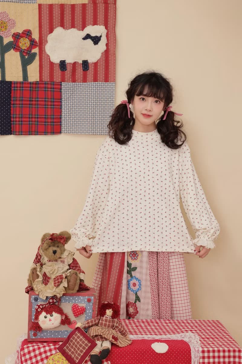 復古少女 紅色碎花針織提花打底衫