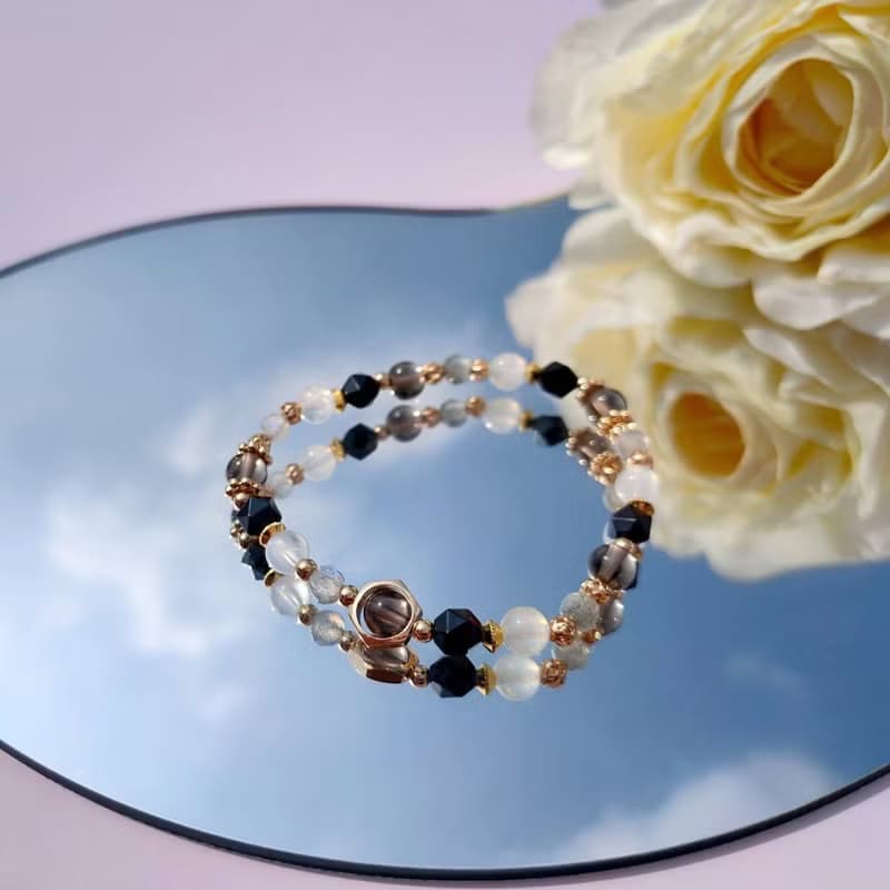 無人之境。月光石 黑曜石 拉長石 14K包金 水晶礦石設計手鍊