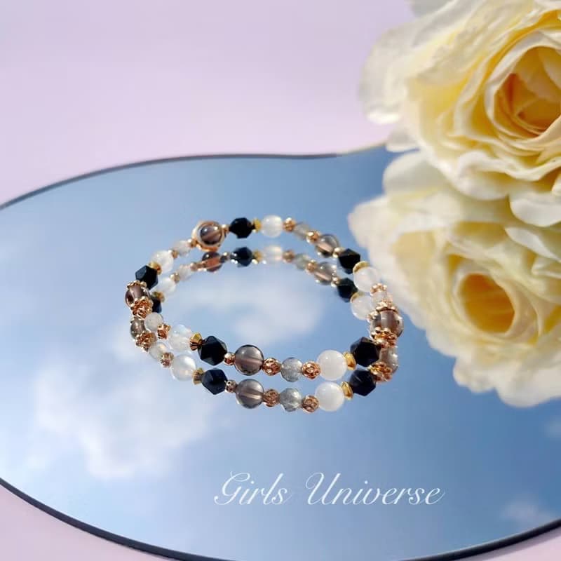 無人之境。月光石 黑曜石 拉長石 14K包金 水晶礦石設計手鍊